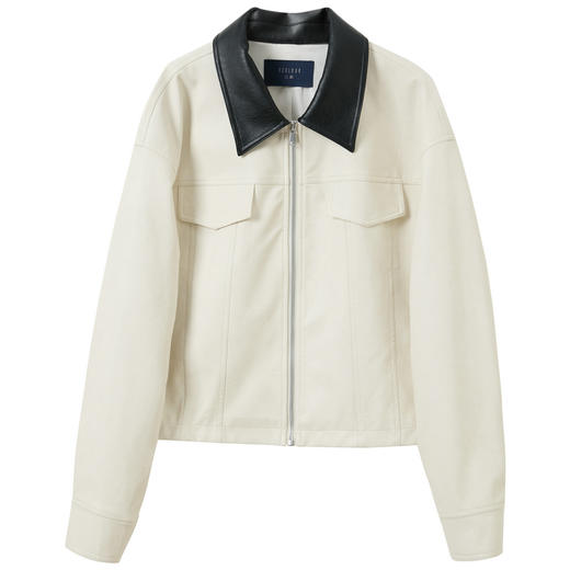 三彩2026春季新款宽松短款PU皮外套撞色翻领夹克上衣拉链开衫M 商品图4