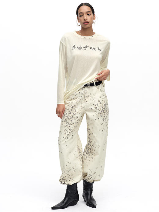 TR她热 小马奔腾 淡黄色钉珠涂鸦小马百搭宽松天丝长袖T恤打底衫 商品图2