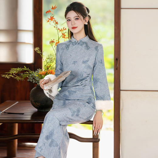 秋冬季蓝色加绒加厚国风新中式长款长袖年轻款复古改良旗袍SC22398 商品图4