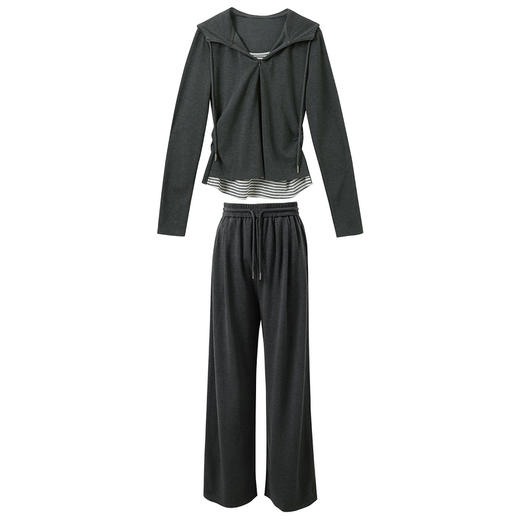 三彩2026春季新款休闲套装拼接连帽假两件上衣阔腿裤长裤两件套M 商品图4