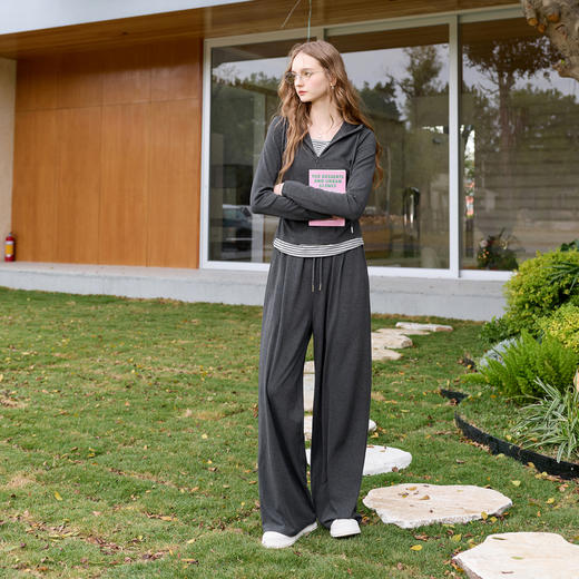 三彩2026春季新款休闲套装拼接连帽假两件上衣阔腿裤长裤两件套M 商品图3