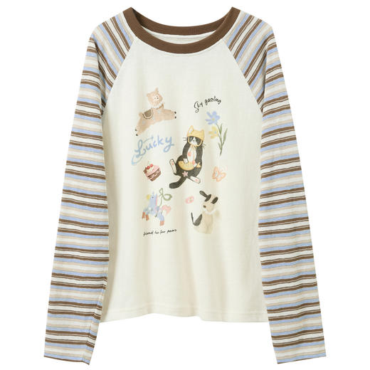 三彩2026春季新款条纹插肩袖宽松卡通印花T恤上衣套头衫休闲M 商品图4