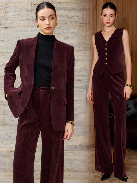IWY/玫瑰砂岩豆沙红秋冬款灯芯绒无领西装西裤OL通勤套装CPM2586 商品图0