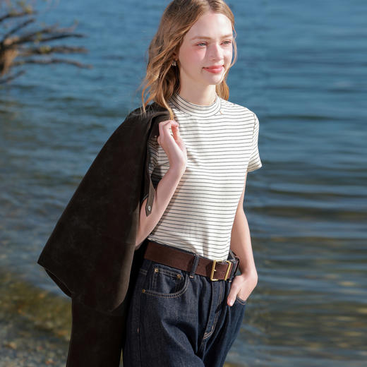 三彩2026春季新款简约撞色条纹T恤半高领修身短袖上衣套头衫M 商品图3