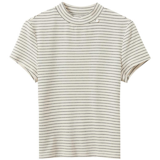 三彩2026春季新款简约撞色条纹T恤半高领修身短袖上衣套头衫M 商品图4