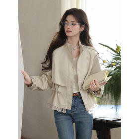 鹿向南「暖雾藏星」米色显瘦短款风衣蕾丝边收腰抽绳夹克外套女春