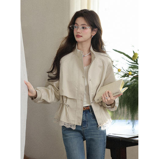 鹿向南「暖雾藏星」米色显瘦短款风衣蕾丝边收腰抽绳夹克外套女春 商品图0