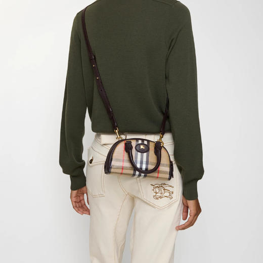 BURBERRY 巴宝莉 女士马术骑士徽标贴片迷你手提保龄球包 格子 8115281 B9368 商品图5