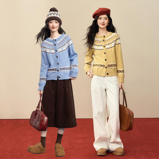 【1/21新品】熙世界【新年费尔岛毛衫】北欧风开衫毛衣女秋冬复古提花针织外套 商品图2