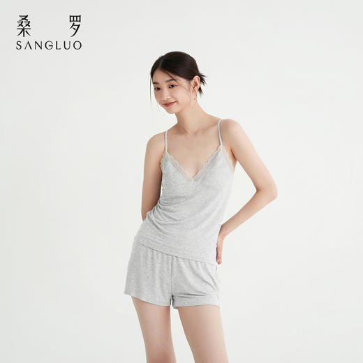 裸感睡眠Bra-in』桑罗纯色蕾丝吊带短裤睡衣套装亲肤透气女家居服 商品图1