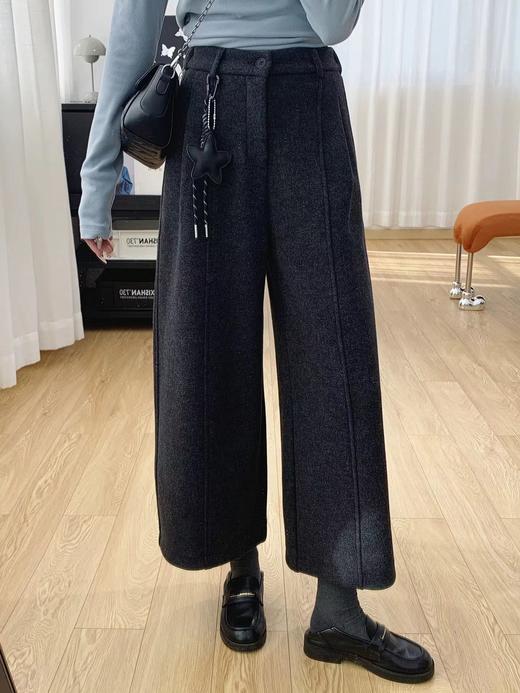 F010747后半松紧腰毛呢羊毛裤宽松直筒加绒休闲阔腿裤女秋冬裤子八分裤 商品图6