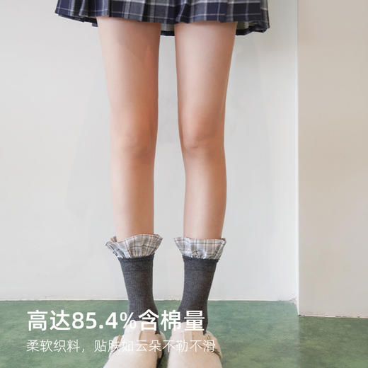 靴下物纯棉女款春秋袜子女中筒袜长袜拼色格子花边可爱日系少女 商品图2