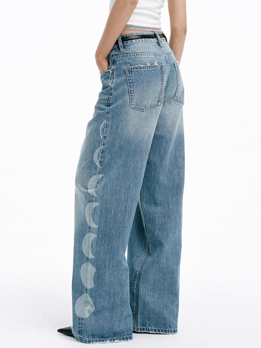 TR她热 暗月 蓝色水洗月食印花复古显瘦休闲宽松直筒牛仔裤 商品图0