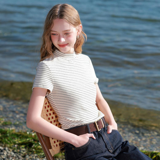 三彩2026春季新款简约撞色条纹T恤半高领修身短袖上衣套头衫M 商品图2