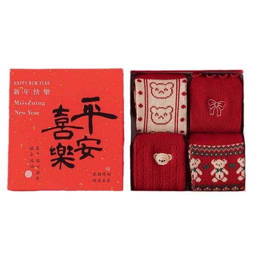 礼盒红袜子女秋冬羊绒袜加厚保暖双针无线头新年礼盒装红色中筒袜 商品图4