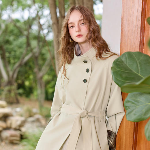 三彩2026春季新款宽松简约风衣中长外套开衫复古配腰带休闲上衣M 商品图3