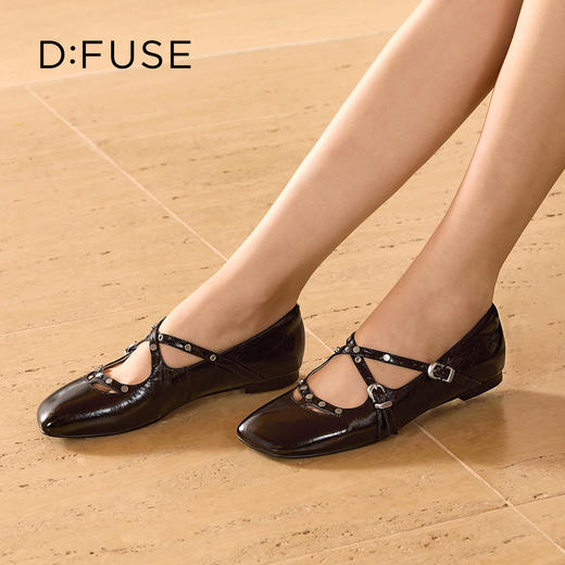 Dfuse迪芙斯2026春季新款尖头双条带铆钉甜酷朋克亮面漆皮单鞋平跟鞋DFE1111048 商品图0