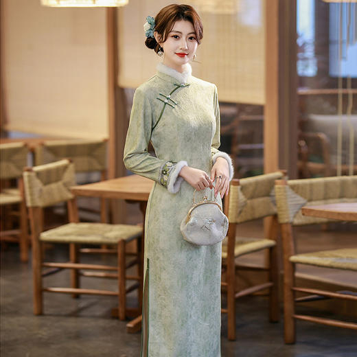 加绒国风苏州长袖改良旗袍冬季厚款新中式复古秋冬旗袍SC22681 商品图1