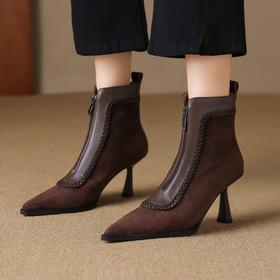 【预售5天】新款羊皮编织尖头时装靴子前拉链加绒气质显瘦高跟短靴&sl-8123