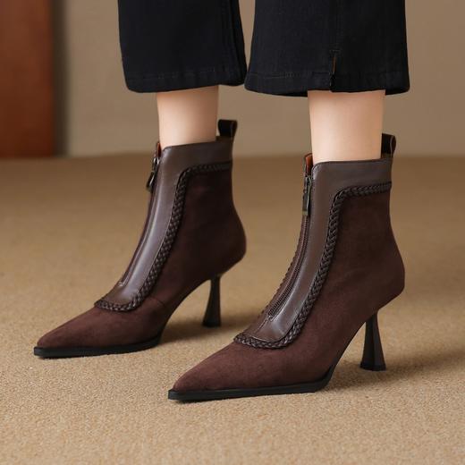 【预售5天】新款羊皮编织尖头时装靴子前拉链加绒气质显瘦高跟短靴&sl-8123 商品图0