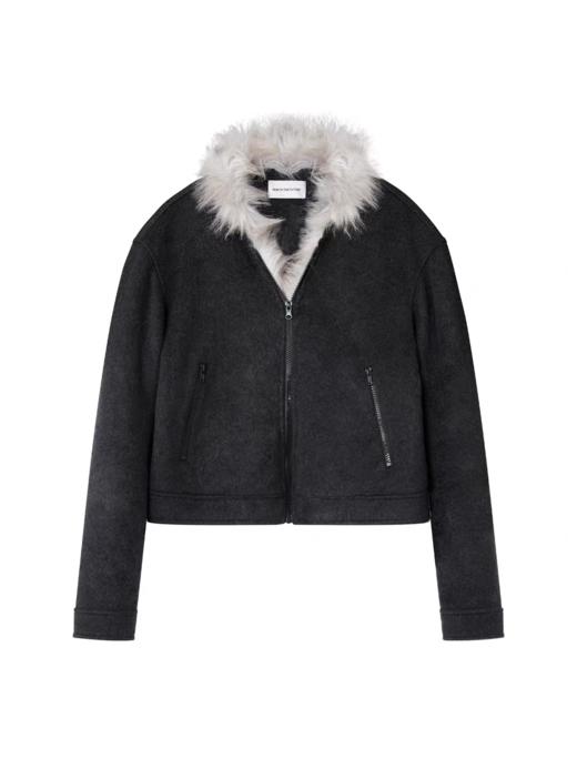 出逃赤岗西/25AWA005/高级感毛绒羊毛毛呢夹棉保暖黑色外套 商品图4