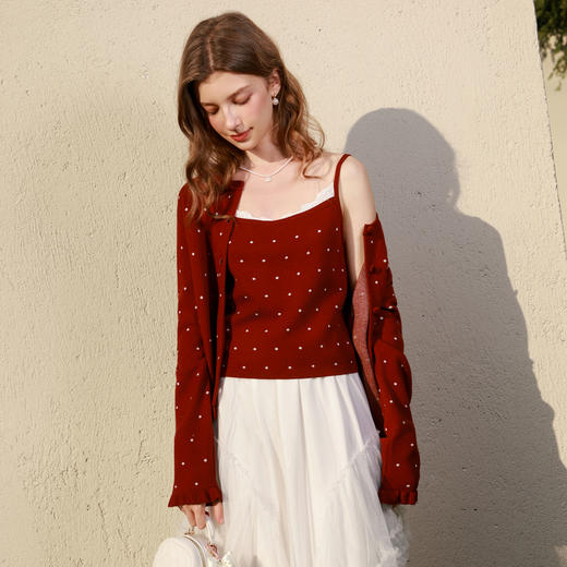 三彩2026春季新款复古波点针织衫套装吊带开衫两件套短款长袖M 商品图1