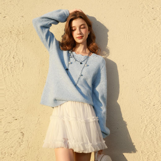 三彩2026春季新款一字领针织衫镂空毛衫宽松落肩袖套头上衣M 商品图2