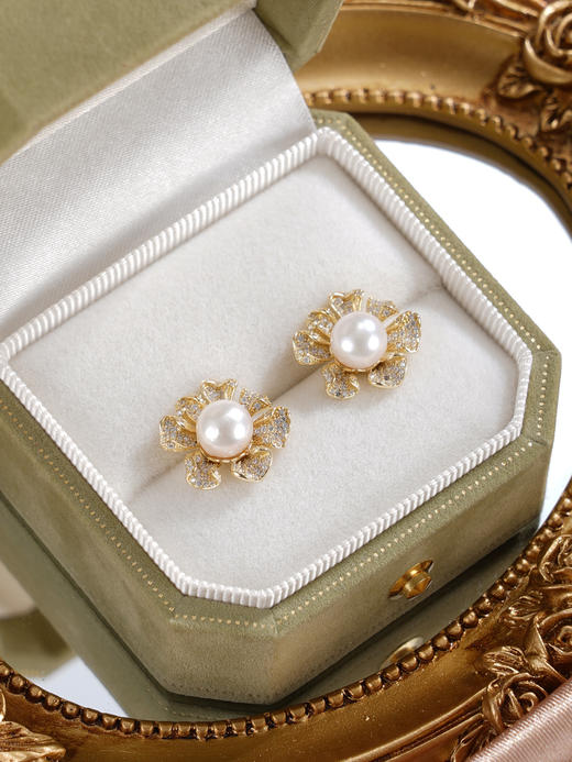 子佩集【曙色花香】银S925珍珠惜王妃耳钉【XXED004】6.5mm珠镀金花朵向日葵2601 商品图3