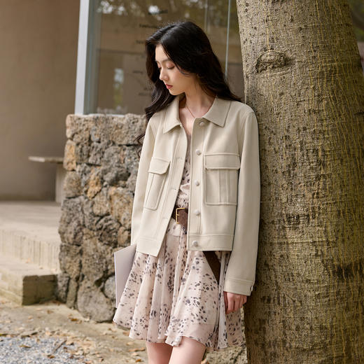 三彩2026春季新款宽松短款绒感仿麂皮PU外套简约夹克上衣复古S 商品图1