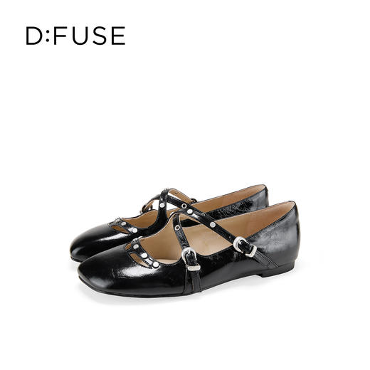 Dfuse迪芙斯2026春季新款尖头双条带铆钉甜酷朋克亮面漆皮单鞋平跟鞋DFE1111048 商品图7