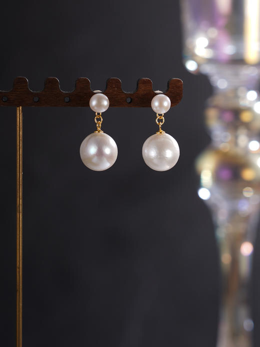 子佩集【珠璨女神】银S925珍珠惜王妃耳钉【SGE1426001】6mm小珠12mm大珠镀金巴洛克双珠吊球2601 商品图8