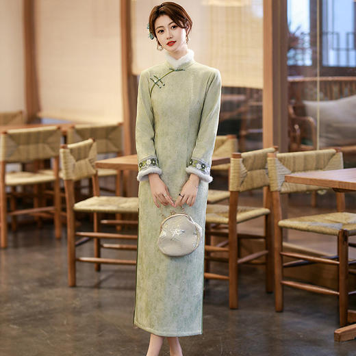 加绒国风苏州长袖改良旗袍冬季厚款新中式复古秋冬旗袍SC22681 商品图2