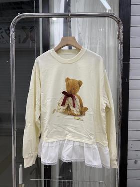F010743新款「伤心小熊」可脱卸蝴蝶结拼接下摆长袖T恤