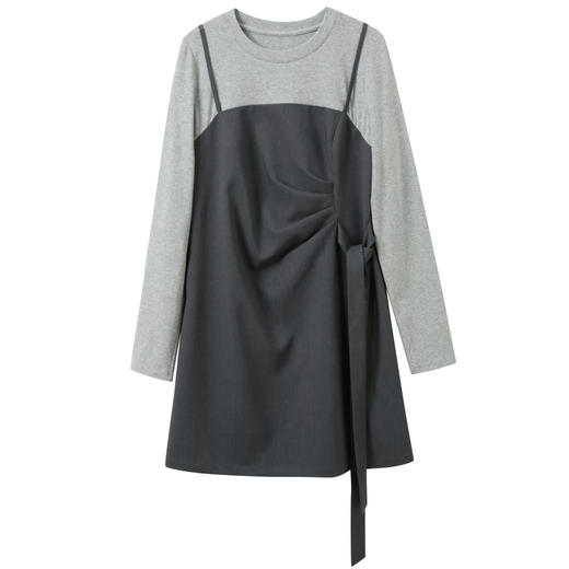 三彩2026春季新款假两件圆领长袖法式连衣裙A字裙不规则短裙M 商品图4