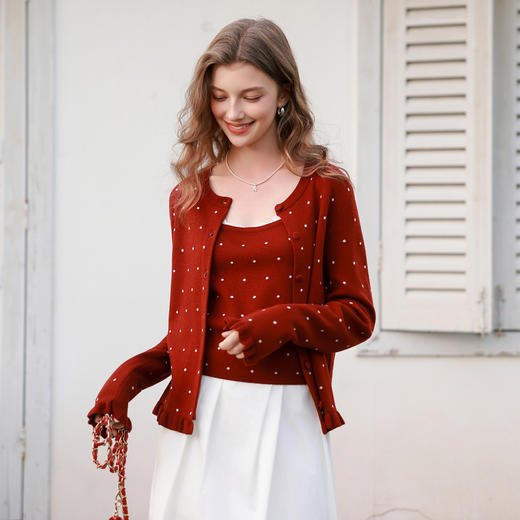 三彩2026春季新款复古波点针织衫套装吊带开衫两件套短款长袖M 商品图3