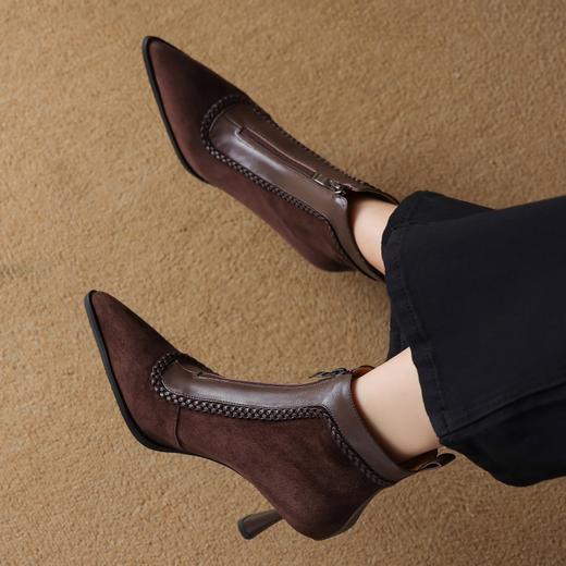 【预售5天】新款羊皮编织尖头时装靴子前拉链加绒气质显瘦高跟短靴&sl-8123 商品图1