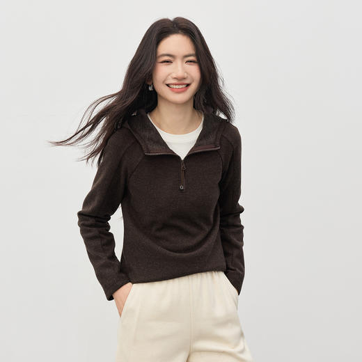 【1/21新品】熙世界lu风山系轻户外连帽卫衣女秋冬休闲仿毛呢半拉链套头衫上衣 商品图4