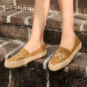 Dfuse迪芙斯2026春季新款反绒刺绣麻线鞋底手工感渔夫鞋平底鞋女鞋DFE1112070