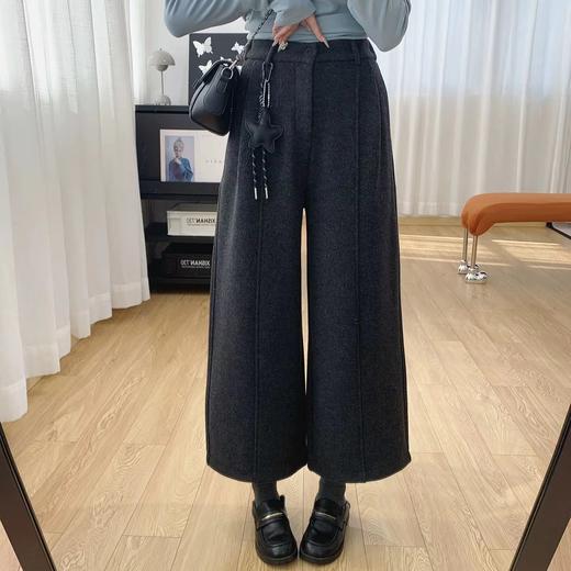 F010747后半松紧腰毛呢羊毛裤宽松直筒加绒休闲阔腿裤女秋冬裤子八分裤 商品图9