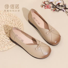 真皮妈妈鞋女休闲风平底浅口单鞋舒适软底一脚蹬奶奶鞋6C1527-5