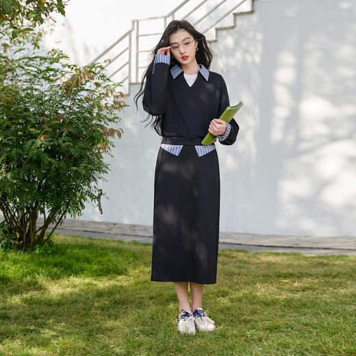 三彩2026春季新款卫衣套装套头翻领上衣直筒高腰半身裙两件套S 商品图1