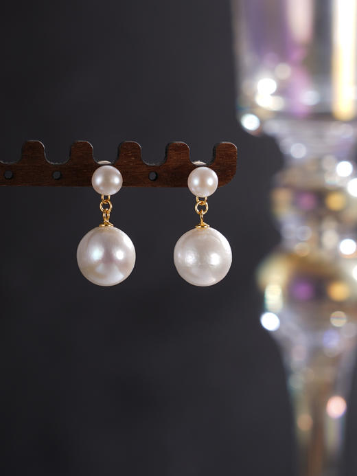 子佩集【珠璨女神】银S925珍珠惜王妃耳钉【SGE1426001】6mm小珠12mm大珠镀金巴洛克双珠吊球2601 商品图3