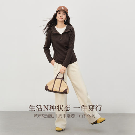 【1/21新品】熙世界lu风山系轻户外连帽卫衣女秋冬休闲仿毛呢半拉链套头衫上衣 商品图1