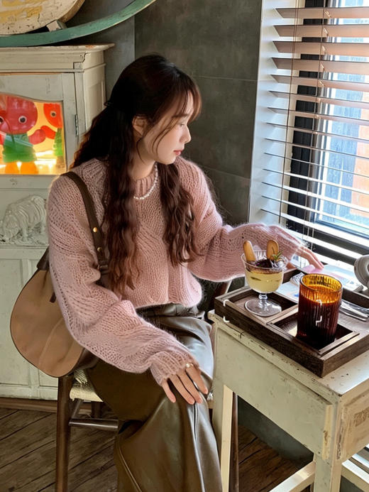 【百图lulu定制】【樱花毛衣】羊毛混纺 高级粉 松弛感 麻花毛衣 商品图0