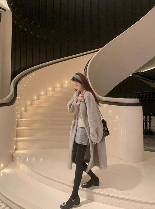 水钻毛呢玛丽珍秋冬加绒方头一字带小粗跟保暖法式女神鞋 商品图12