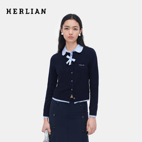 HERLIAN 2026年春季新品娃娃领撞色拼接女士长袖短款针织开衫上衣