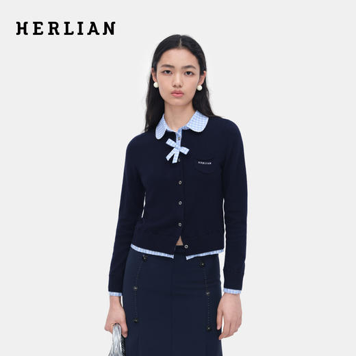 HERLIAN 2026年春季新品娃娃领撞色拼接女士长袖短款针织开衫上衣 商品图0