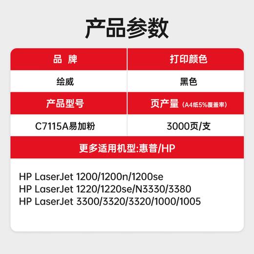绘威C7115A 15A易加粉硒鼓 适用惠普HP Q2613A 1000 1005 1200 1220 3300 3310 3330 3380MFP佳能EP-25 商品图2