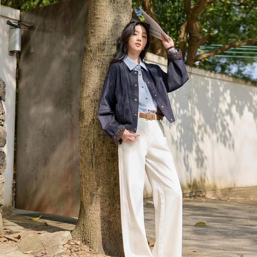 三彩2026春季新款牛仔外套显瘦开衫圆领长袖宽松上衣复古松弛S 商品图3