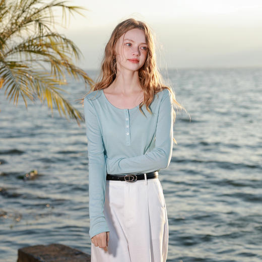 【莱赛尔】三彩2026春季新款圆领长袖T恤上衣套头衫修身简约休闲M 商品图1